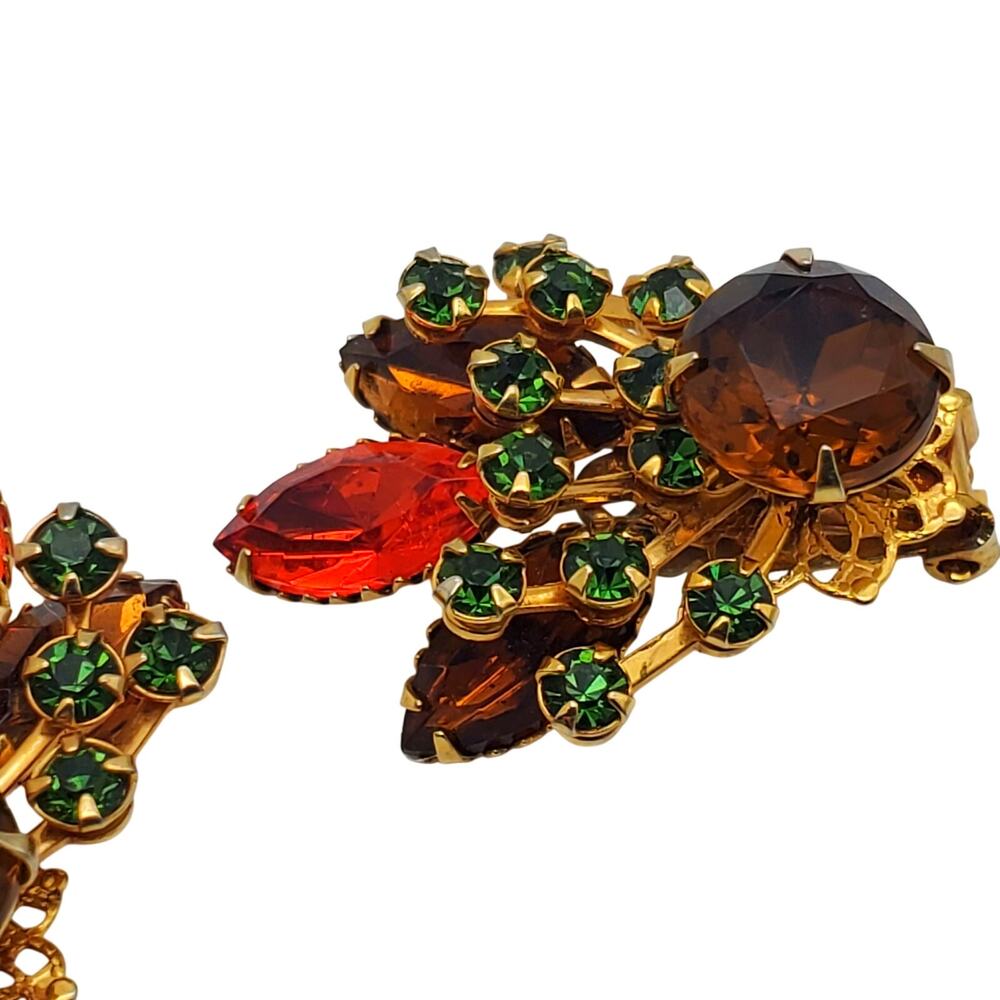 Autumn Rhinestone Clip Earrings Orange Green Topaz Floral Spray Harvest Fall Vtg - Picture 2 of 8